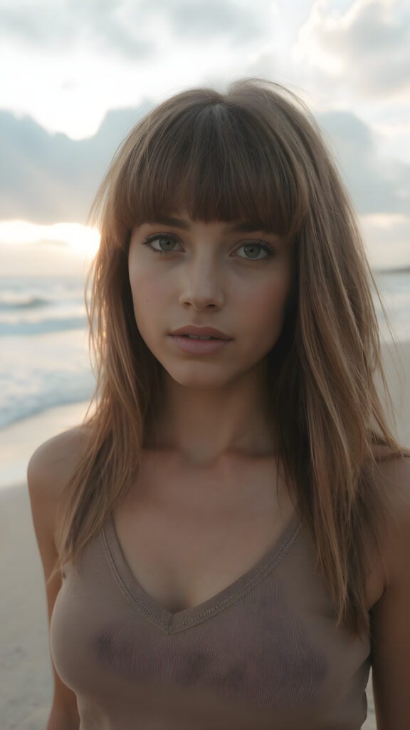 a (((professional ultra high resolution photograph))) featuring a tanned with warm highlights and soft hazelnut long straight hair with bangs that gently frame her face, she wears a deep v-neck thin tank top. The sun is rising behind her on a lonely beach with a small waves gently crashing along the shore as the morning mist is still on the ocean surface with the warm light from the early morning sun beaming on her face as she gazes out towards the camera under a clear blue sky with a cloudy day turning into a sunny one