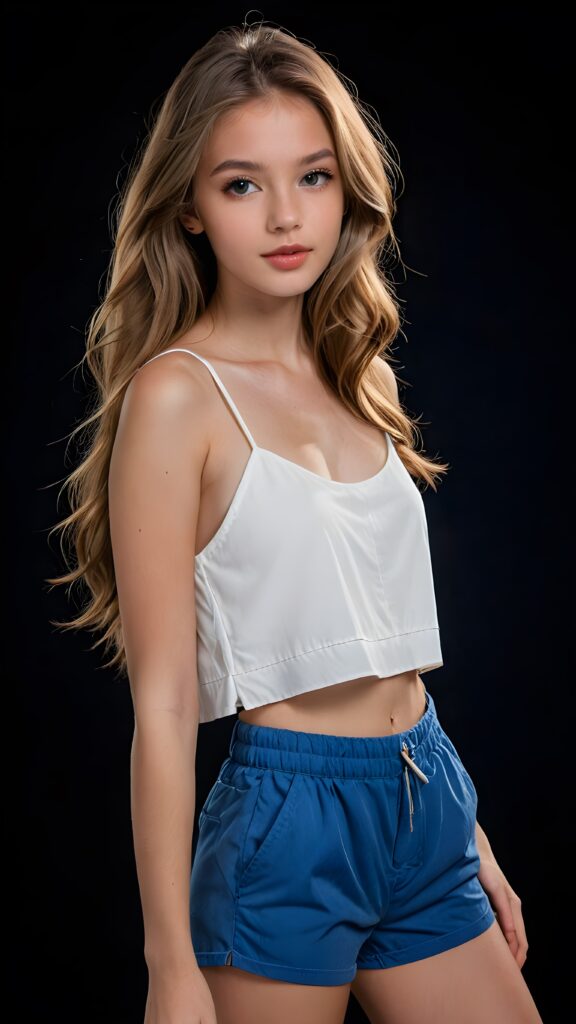 a (((professional photograph))) featuring a (((very beautiful and detailed photo of a cute, pretty, stunning, girl model, 17 years old))) with (((lightbrown very long jet hair))) and (((white crop top))), paired with (((blue shorts))), ((full lips)), and a ((beautiful face)), standing confidently out of a (black background) that exudes an air of sophistication and clarity at an 8K resolution