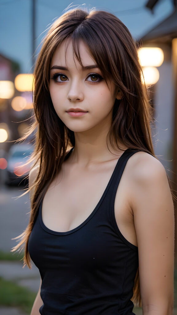 a (((professional photograph))) capturing a ((( teenage emo girl))) with complex (((long, soft brown straight hair))), which falls gracefully around her face, ((wears a black tight short no printed tank top)), framing features like (amber eyes), the scene is softly backlit with (indigo and violet light) that illuminate the (meticulously detailed) surroundings, (ethereal, misty backdrop)