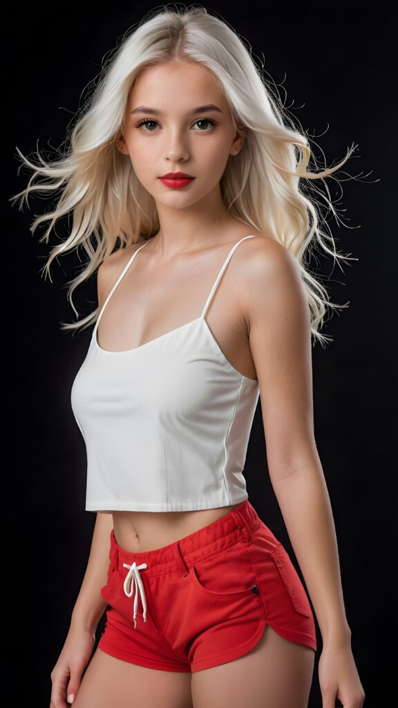 a very beautiful and detailed photo of a cute, pretty, stunning, girl model, 14 years old, ((white very long jet hair)), ((white crop top)), ((shorts)), ((full lips)), ((beautiful face)), ((soft body)), (((side view)))