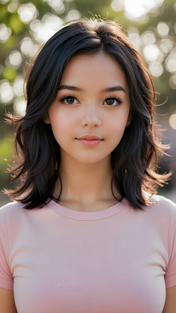 a (((professional photograph))) showcasing a beautiful young girl with sleek, soft, slightly curled black hair framing her face, the lips are full and painted in a light shade of pink, she wears a short tight black T-shirt, which accentuates her (round) figure, enjoying the scene