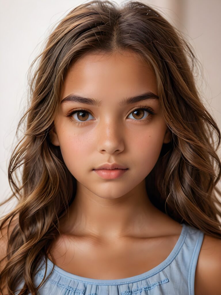 a (((professional photograph))) featuring a tanned young girl with a (serious expression) around her eyes, long wavy brown hair, with a focus on ultra-high detail and a dimmed, diffused light source that highlights her features while casting a soft, warm glow across the scene