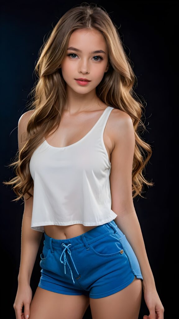 a (((professional photograph))) featuring a (((very beautiful and detailed photo of a cute, pretty, stunning, girl model, 17 years old))) with (((lightbrown very long jet hair))) and (((white crop top))), paired with (((blue shorts))), ((full lips)), and a ((beautiful face)), standing confidently out of a (black background) that exudes an air of sophistication and clarity at an 8K resolution