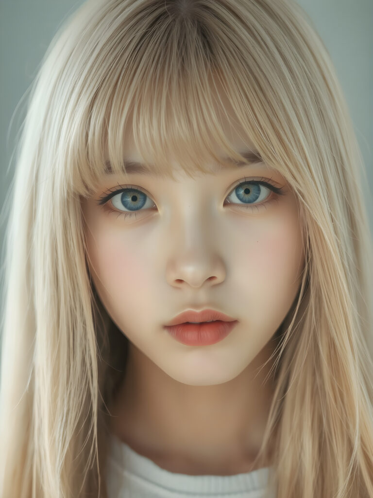 a (((professional photograph))) in a (((highly detailed ultra realistic side view))), with a (((Japanese teen girl))) who has (((long, incredibly soft and flowing straight blond hair))), bangs and (((brightly shining, deeply set blue eyes))), as she gently gazes into the camera. Her face exudes an air of (astonishment) at the camera's focus, which captures her perfectly serene yet inviting features. Her (((full red lips))) are softly painted in a (((trending shade of pink))), providing a breathtakingly realistic portrait that embodies the essence of a (((high-resolution masterpiece))). Perfect anatomy. Perfect light. Sunny. Warm colors. Soft shadows.