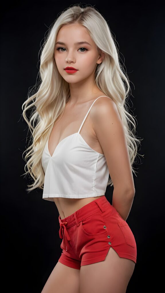 a (((professional photograph))) featuring a (((very beautiful and detailed photo of a cute, pretty, stunning, girl model, 14 years old))) with a ((white very long jet hair)) and ((white crop top)), paired with (((red shorts))), ((full lips)), and a ((beautiful face)), captured in a (((side view))), with a (14-year-old version of the girl) standing confidently out of a (black background) that exudes an air of sophistication and clarity at an 8K resolution