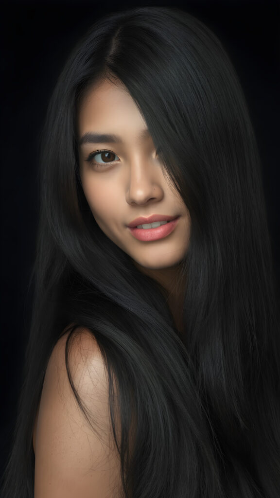 a (((professional photograph))) featuring a (((high-quality jet raven black thick, straight, long hair))) that naturally complements her features, which include (smooth skin), (almond-shaped eyes) that exude a sense of (youthful beauty), and a (softly toned) upper body, with (full definition) around the lips and (realistic, detailed) reflective eyes that sparkle softly (the face is slightly turned) with a (natural, happy expression) that reflects (natural beauty) at an (8K resolution) and (high definition) that emphasizes (hyper-realistic details) in a (straight, high-angle shot) against a (black, empty background) that highlights the (natural textures) of the (skin) and the (hair) and her (almond-shaped eyes) that are captured in a (clear, detailed focus)