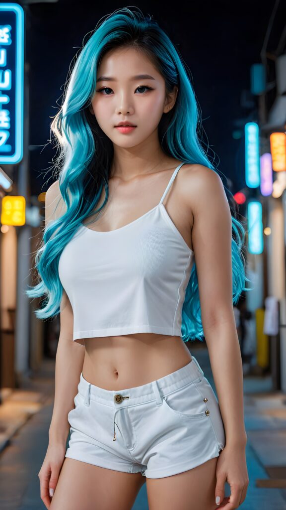 a (((professional photograph))) featuring a (((very beautiful and detailed photo of a cute, pretty, stunning, Korean girl model, 17 years old))) with (((neon light blue very long jet hair))) and (((white crop top))), paired with (((shorts))), ((full lips)), and a ((beautiful face)), standing confidently out of a (night background) that exudes an air of sophistication and clarity at an 8K resolution