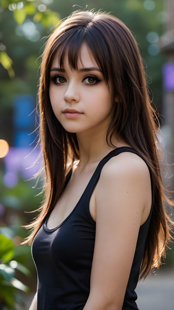 a (((professional photograph))) capturing a ((( teenage emo girl))) with complex (((long, soft brown straight hair))), which falls gracefully around her face, ((wears a black tight short no printed tank top)), framing features like (amber eyes), the scene is softly backlit with (indigo and violet light) that illuminate the (meticulously detailed) surroundings, (ethereal, misty backdrop)