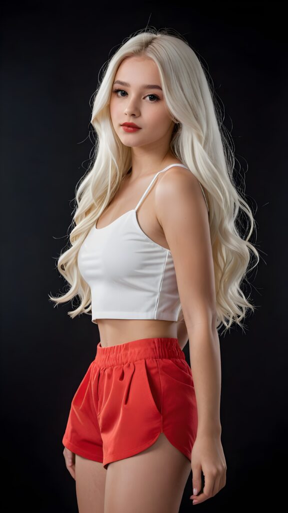 a very beautiful and detailed photo of a cute, pretty, stunning, girl model, 14 years old, ((white very long jet hair)), ((white crop top)), ((shorts)), ((full lips)), ((beautiful face)), ((soft body)), (((side view)))