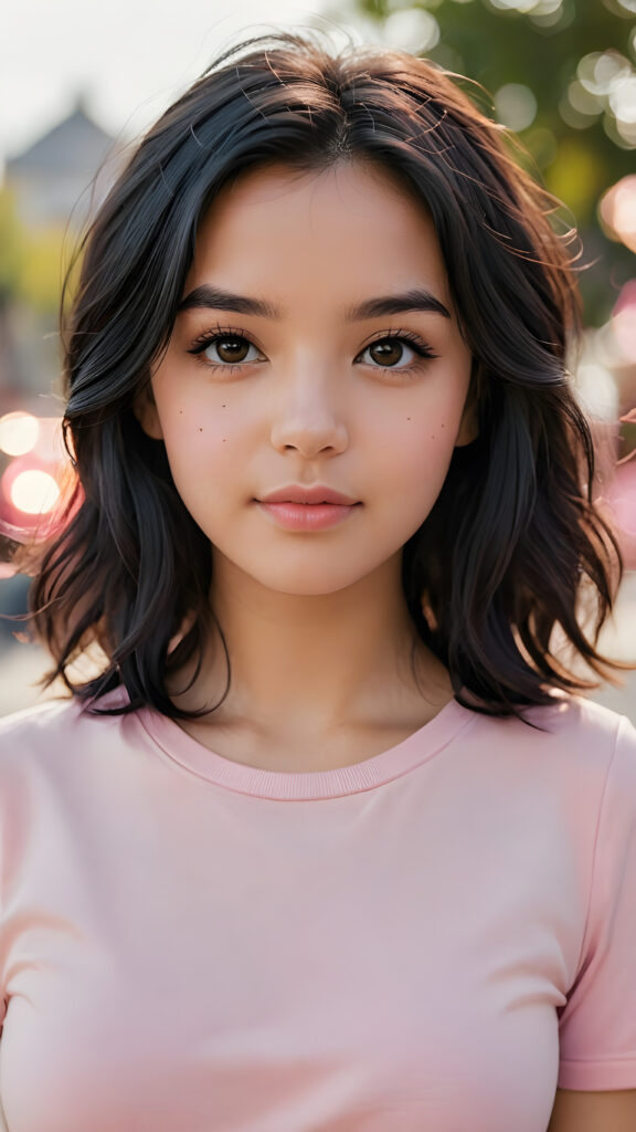 a (((professional photograph))) showcasing a beautiful young girl with sleek, soft, slightly curled black hair framing her face, the lips are full and painted in a light shade of pink, she wears a short tight black T-shirt, which accentuates her (round) figure, enjoying the scene