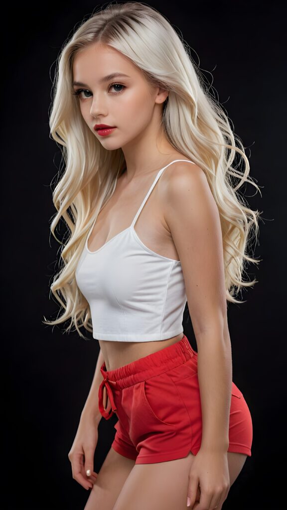 a very beautiful and detailed photo of a cute, pretty, stunning, girl model, 14 years old, ((white very long jet hair)), ((white crop top)), ((shorts)), ((full lips)), ((beautiful face)), ((soft body)), (((side view)))