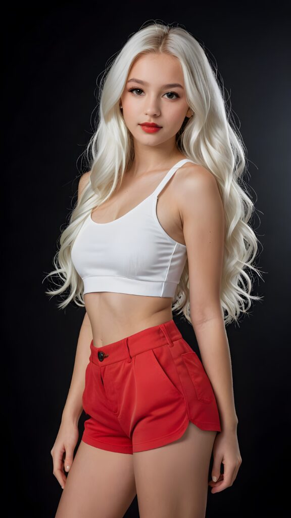 a (((professional photograph))) featuring a (((very beautiful and detailed photo of a cute, pretty, stunning, girl model, 14 years old))) with a ((white very long jet hair)) and ((white crop top)), paired with (((red shorts))), ((full lips)), and a ((beautiful face)), captured in a (((side view))), with a (14-year-old version of the girl) standing confidently out of a (black background) that exudes an air of sophistication and clarity at an 8K resolution