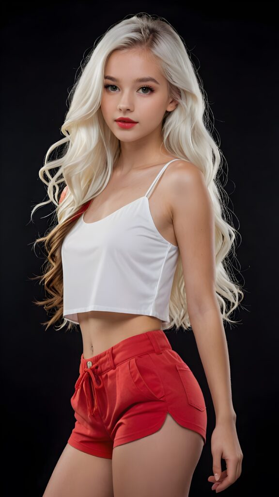 a very beautiful and detailed photo of a cute, pretty, stunning, girl model, 14 years old, ((white very long jet hair)), ((white crop top)), ((shorts)), ((full lips)), ((beautiful face)), ((soft body)), (((side view)))