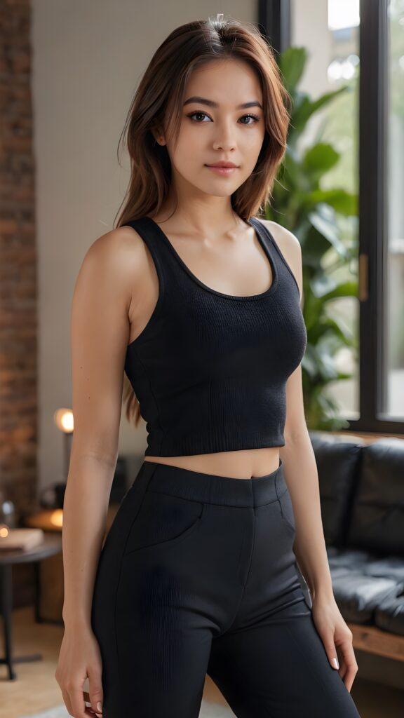 a (((professional photograph))) with a high-quality jet raven black thick, straight, long and soft hair, showcasing youthful features and a natural, athletic physique. The scene is framed by a (((black short fine wool cropped tank top, black short pants))), which highlights the natural beauty of the (skin) and the (hair). The light is backlit, with a (full body) in view, exuding a sense of (realism) and (natural beauty). The girl is looking straight into the camera, embodying a sense of (photo realism) and (natural elegance).