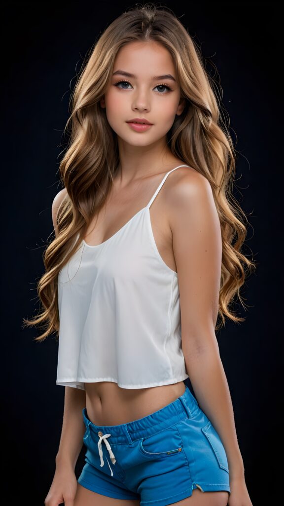 a (((professional photograph))) featuring a (((very beautiful and detailed photo of a cute, pretty, stunning, girl model, 17 years old))) with (((lightbrown very long jet hair))) and (((white crop top))), paired with (((blue shorts))), ((full lips)), and a ((beautiful face)), standing confidently out of a (black background) that exudes an air of sophistication and clarity at an 8K resolution