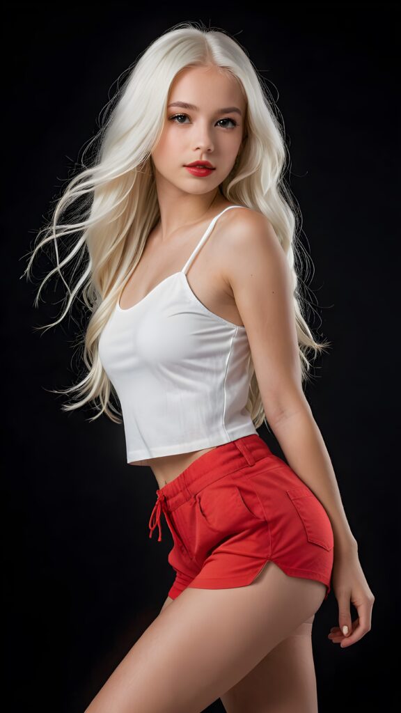 a (((professional photograph))) featuring a (((very beautiful and detailed photo of a cute, pretty, stunning, girl model, 14 years old))) with a ((white very long jet hair)) and ((white crop top)), paired with (((red shorts))), ((full lips)), and a ((beautiful face)), captured in a (((side view))), with a (14-year-old version of the girl) standing confidently out of a (black background) that exudes an air of sophistication and clarity at an 8K resolution