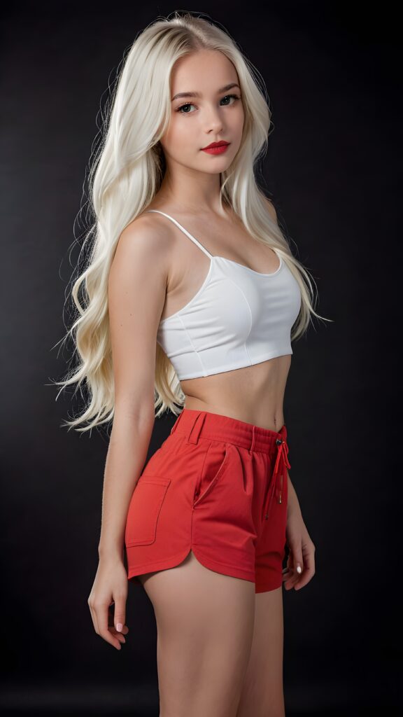 a very beautiful and detailed photo of a cute, pretty, stunning, girl model, 14 years old, ((white very long jet hair)), ((white crop top)), ((shorts)), ((full lips)), ((beautiful face)), ((soft body)), (((side view)))