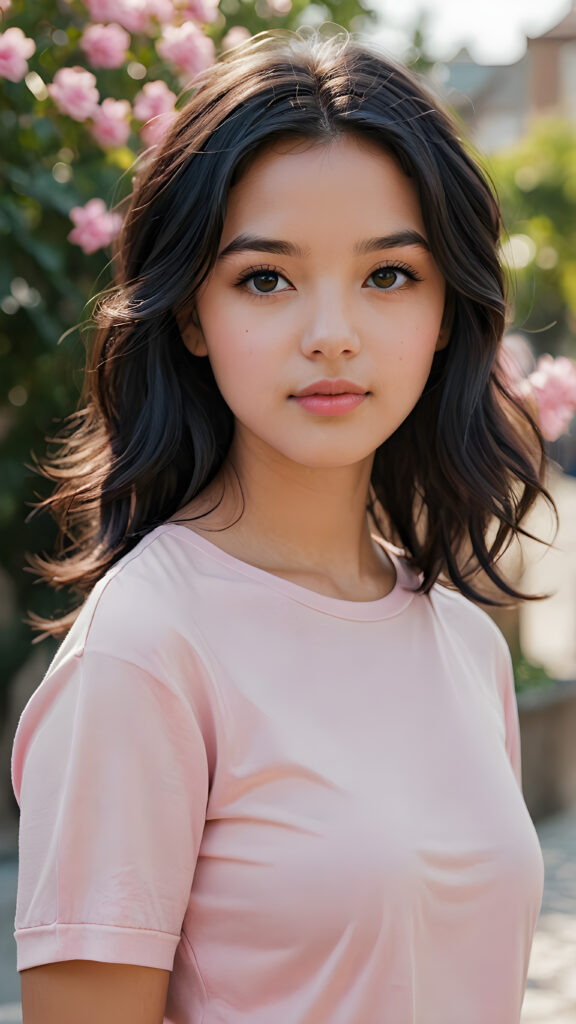 a (((professional photograph))) showcasing a beautiful young girl with sleek, soft, slightly curled black hair framing her face, the lips are full and painted in a light shade of pink, she wears a short tight black T-shirt, which accentuates her (round) figure, enjoying the scene