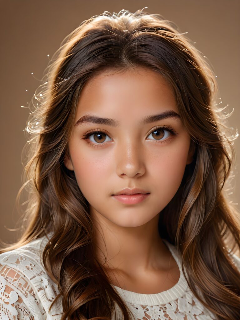 a (((professional photograph))) featuring a tanned young girl with a (serious expression) around her eyes, long wavy brown hair, with a focus on ultra-high detail and a dimmed, diffused light source that highlights her features while casting a soft, warm glow across the scene