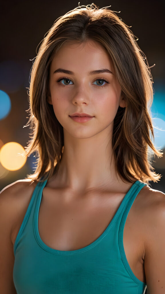 a (((professional ultra high resolution photograph))) capturing a (((beautiful young teen girl))) with a sleek, ((straight, mid-length hair style)) that softly curls around her face, and ((realistic looking eyes)) that give off a (bright, warm glow). She's clad in a ((sexy thin tank top)) that perfectly complements her flawless skin. The setting is a (softly backlit) one that focuses on her face, with the light shining out from behind her. The overall atmosphere is both whimsically detailed and highly detailed, evoking an (ultra realistic, cinematic aesthetic) that is both (softly detailed and vividly colorful).