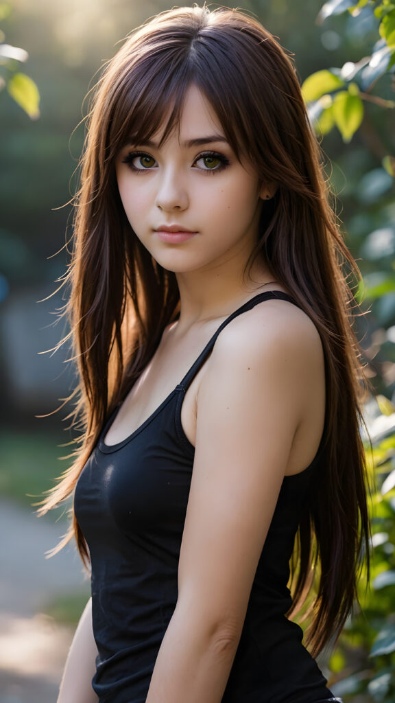 a (((professional photograph))) capturing a ((( teenage emo girl))) with complex (((long, soft brown straight hair))), which falls gracefully around her face, ((wears a black tight short no printed tank top)), framing features like (amber eyes), the scene is softly backlit with (indigo and violet light) that illuminate the (meticulously detailed) surroundings, (ethereal, misty backdrop)