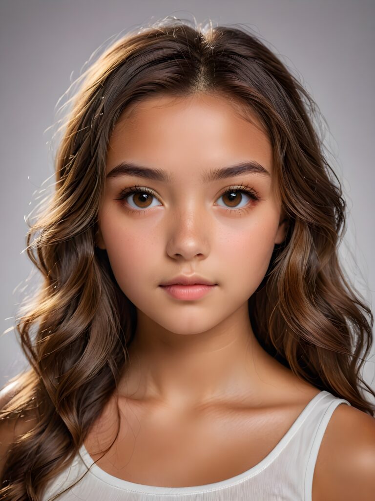 a (((professional photograph))) featuring a tanned young girl with a (serious expression) around her eyes, long wavy brown hair, with a focus on ultra-high detail and a dimmed, diffused light source that highlights her features while casting a soft, warm glow across the scene