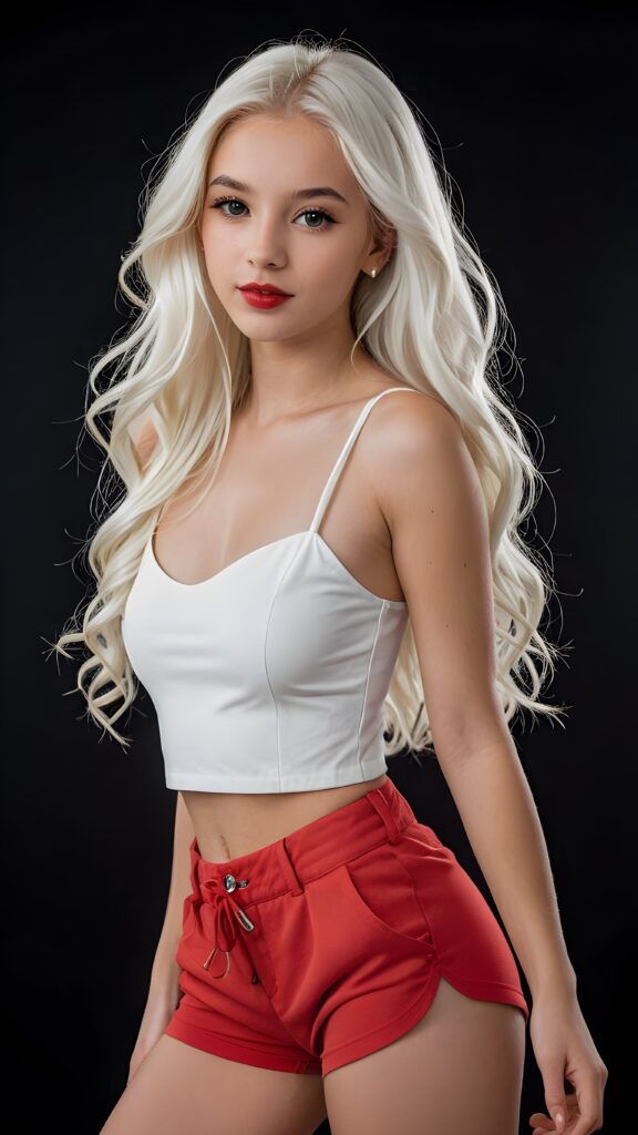 a very beautiful and detailed photo of a cute, pretty, stunning, girl model, 14 years old, ((white very long jet hair)), ((white crop top)), ((shorts)), ((full lips)), ((beautiful face)), ((soft body)), (((side view)))