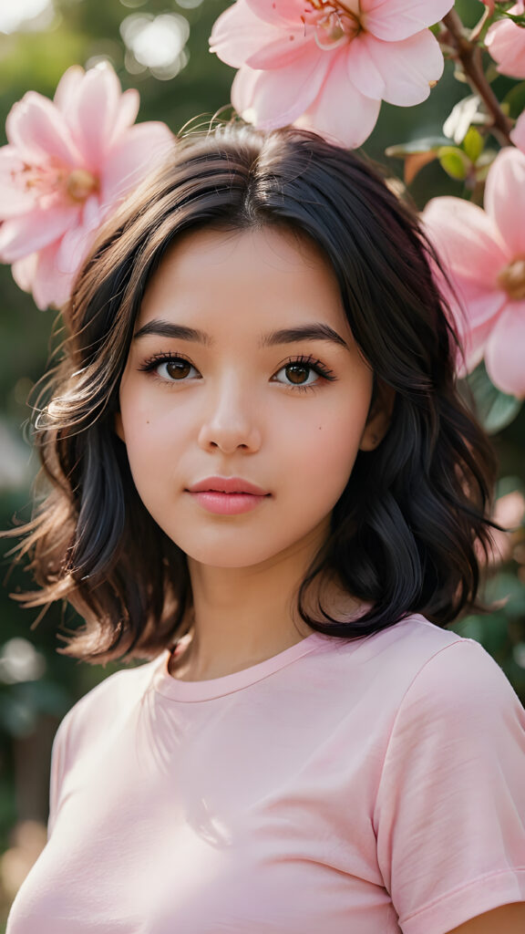 a (((professional photograph))) showcasing a beautiful young girl with sleek, soft, slightly curled black hair framing her face, the lips are full and painted in a light shade of pink, she wears a short tight black T-shirt, which accentuates her (round) figure, enjoying the scene