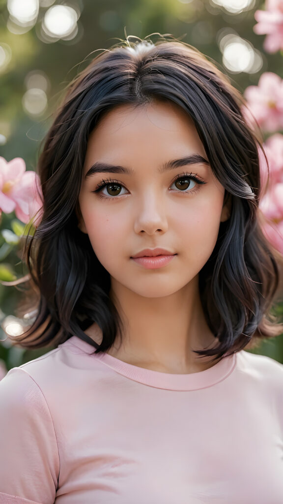 a (((professional photograph))) showcasing a beautiful young girl with sleek, soft, slightly curled black hair framing her face, the lips are full and painted in a light shade of pink, she wears a short tight black T-shirt, which accentuates her (round) figure, enjoying the scene