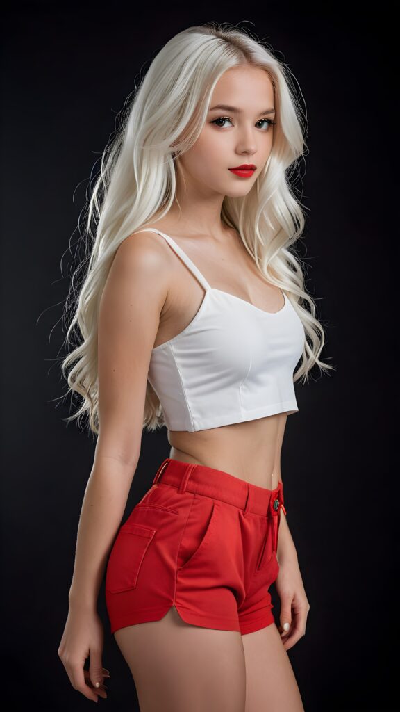 a (((professional photograph))) featuring a (((very beautiful and detailed photo of a cute, pretty, stunning, girl model, 14 years old))) with a ((white very long jet hair)) and ((white crop top)), paired with (((red shorts))), ((full lips)), and a ((beautiful face)), captured in a (((side view))), with a (14-year-old version of the girl) standing confidently out of a (black background) that exudes an air of sophistication and clarity at an 8K resolution