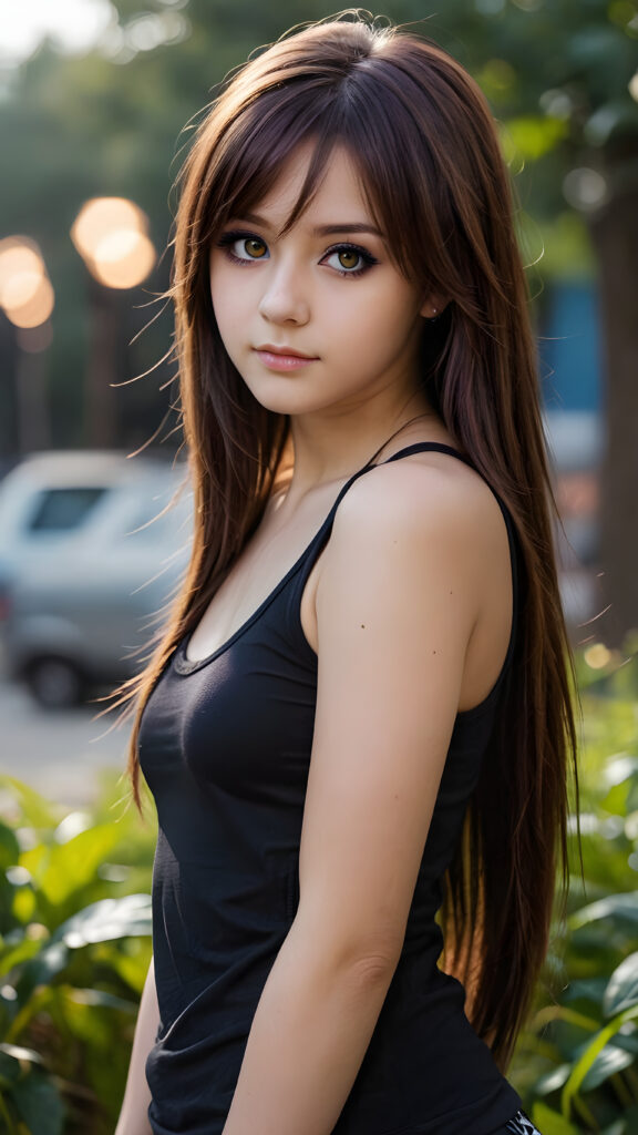 a (((professional photograph))) capturing a ((( teenage emo girl))) with complex (((long, soft brown straight hair))), which falls gracefully around her face, ((wears a black tight short no printed tank top)), framing features like (amber eyes), the scene is softly backlit with (indigo and violet light) that illuminate the (meticulously detailed) surroundings, (ethereal, misty backdrop)