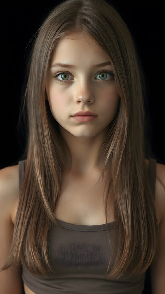 a (((realistic cute teen girl))), with straight soft long light brown hair, (full lips), and ((big amber eyes, round face)) that exude innocence, paired with a (short cropped tank top) that emphasizes her perfect body, (perfect skin), her figure is so perfectly proportioned that it defies reality, (((against a black backdrop))) ((upper body portrait))