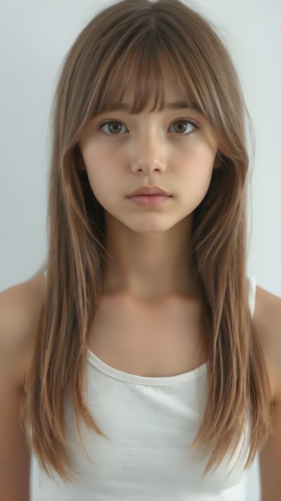 a (((realistic cute teen girl))), with straight soft long light brown hair, (full lips), and ((big amber eyes, round face)) that exude innocence, paired with a (short cropped tank top) that emphasizes her perfect body, (perfect skin), her figure is so perfectly proportioned that it defies reality, (((against a light grey backdrop))) ((upper body portrait))