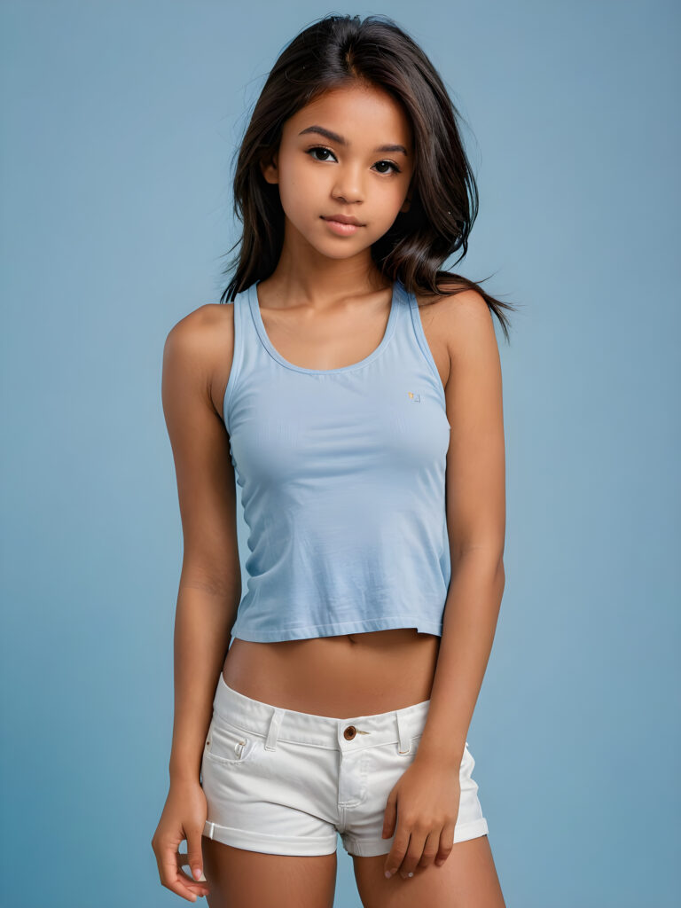 a (((realistic and detailed portrait))) of a 14-year-old brown-skinned Exotic teen girl, a perfect curves-fitting body, (((white short pants))) and ((grey super short crop tank top)), an angelic (((round face))), (((soft long straight dark hair, her hair reaches down to her waist))), and an (((light blue background))) as a (side view)