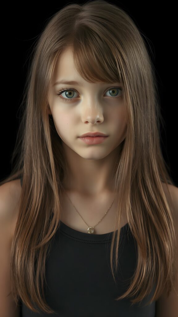 a (((realistic cute teen girl))), with straight soft long light brown hair, (full lips), and ((big amber eyes, round face)) that exude innocence, paired with a (short cropped tank top) that emphasizes her perfect body, (perfect skin), her figure is so perfectly proportioned that it defies reality, (((against a black backdrop))) ((upper body portrait))