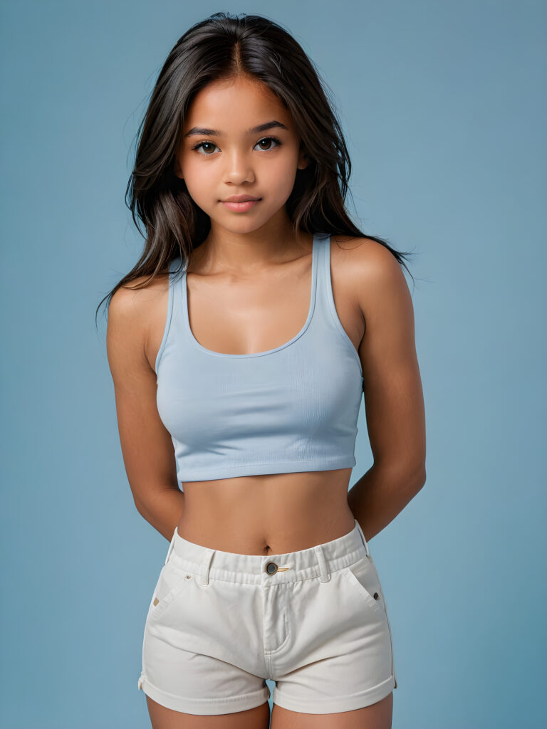 a (((realistic and detailed portrait))) of a 14-year-old brown-skinned Exotic teen girl, a perfect curves-fitting body, (((white short pants))) and ((grey super short crop tank top)), an angelic (((round face))), (((soft long straight dark hair, her hair reaches down to her waist))), and an (((light blue background))) as a (side view)