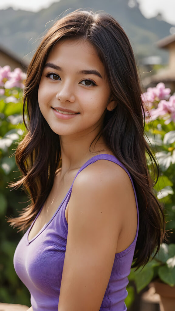 a (((realistic and detailed photo))), capturing a (((cute, attractive, gorgeous, stunning teen girl))) with a super short, tight, deep v-neck, plain violet cropped tank top made of fine detailed cotton, ((curved body)), (very long straight jet soft dark hair), warm smile, sunny backdrop