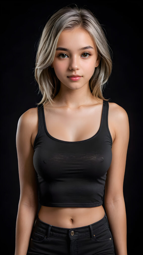 a (((realistic and detailed portrait))) of a beautiful young top model teen girl in a sleek crop tank top, showcasing a perfect, curves-fitting body, with short pants and an angelic, round face, straight soft long kgrey hair ((black background)), perfect shadows and lights