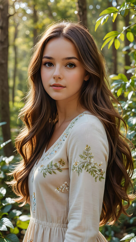 a (((realistic and detailed))) painting of a (((beautiful teenage girl with long brown hair))), engaged in a serene moment while standing through a sunny, wooded landscape full of vibrant foliage and a (softly detailed environment)