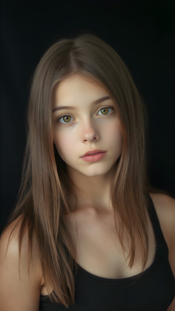 a (((realistic cute teen girl))), with straight soft long light brown hair, (full lips), and ((big amber eyes, round face)) that exude innocence, paired with a (short cropped tank top) that emphasizes her perfect body, (perfect skin), her figure is so perfectly proportioned that it defies reality, (((against a black backdrop))) ((upper body portrait))