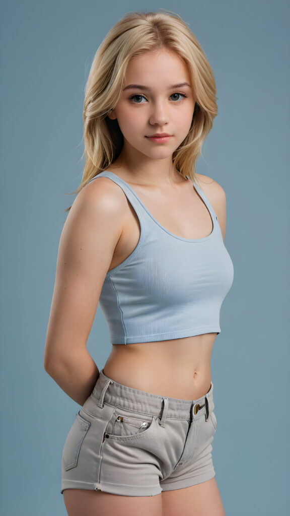 a (((realistic and detailed portrait))) of a 14-year-old white-skinned teen girl, a perfect curves-fitting body, (((short pants))) and ((grey super short crop tank top)), an angelic (((round face))), (((soft long straight sommer blond hair, her hair reaches down to her waist))), and an (((light blue background))) as a (side view)