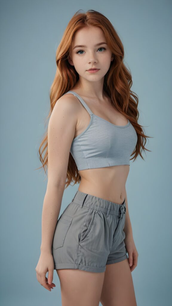 a (((realistic photo))) showcasing a (((beautiful young girl, 15 years old))), with meticulously drawn long, straight auburn red (((soft hair))), and a sleekly perfect curved and detailed figure in a (((short, grey crop top))), paired with a (short pants) ((light blue backdrop)) ((side view))