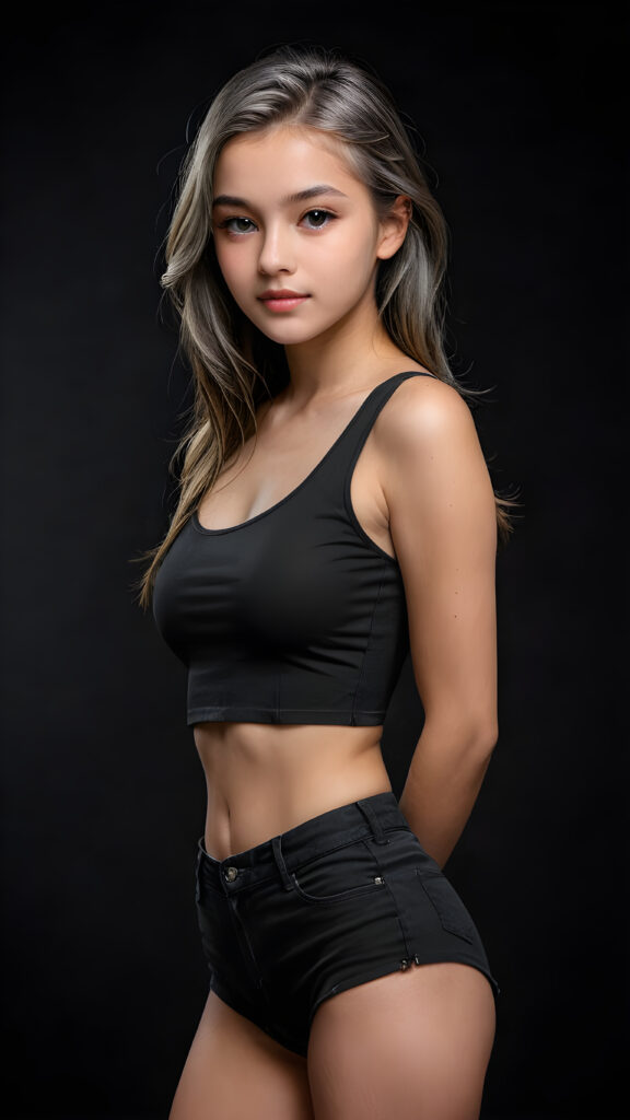 a (((realistic and detailed portrait))) of a stunning young top model teen girl, dressed in a sleek crop top that showcases her perfectly curved body with short pants and long, flowing grey hair framing an angelically round face, cast against a (((softly shadowed black backdrop))), highlighting every exquisite detail