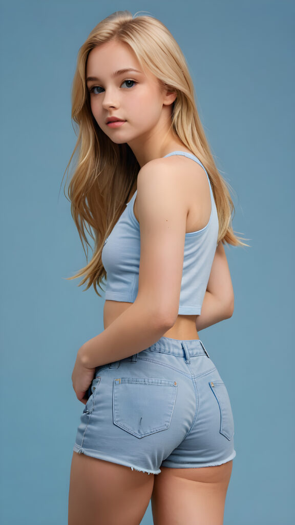 a (((realistic and detailed portrait))) of a 14-year-old white-skinned teen girl, a perfect curves-fitting body, (((short pants))) and ((grey super short crop tank top)), an angelic (((round face))), (((soft long straight sommer blond hair, her hair reaches down to her waist))), and an (((light blue background))) as a (side view)