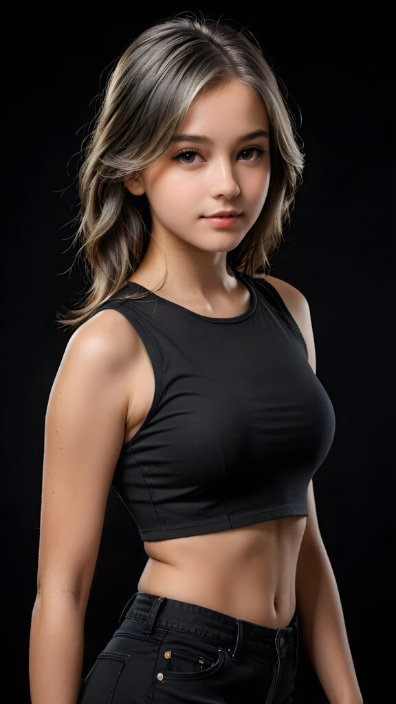 a (((realistic and detailed portrait))) of a stunning young top model teen girl, dressed in a sleek crop top that showcases her perfectly curved body with short pants and long, flowing grey hair framing an angelically round face, cast against a (((softly shadowed black backdrop))), highlighting every exquisite detail