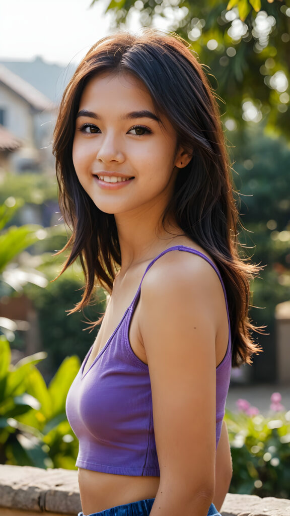 a (((realistic and detailed photo))), capturing a (((cute, attractive, gorgeous, stunning teen girl))) with a super short, tight, deep v-neck, plain violet cropped tank top made of fine detailed cotton, ((curved body)), (very long straight jet soft dark hair), warm smile, sunny backdrop