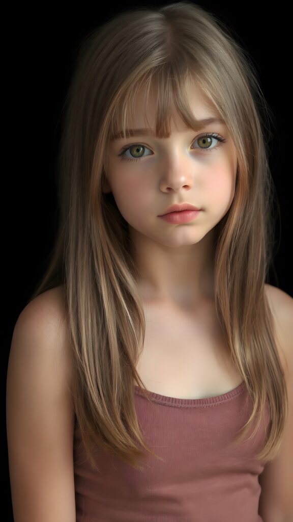 a (((perfectly proportioned, super cute teen girl))), with straight soft very long dark brown hair, (full lips), and (((big eyes))) that exude innocence, paired with a (short cropped tank top) that emphasizes her (perfect skin) and (flawlessly matching eyes). Her figure is so perfectly proportioned that it defies reality, with a (distinctive six-pack on her abs) that perfectly complements her overall aesthetic, (((against a black backdrop))) ((upper body portrait))