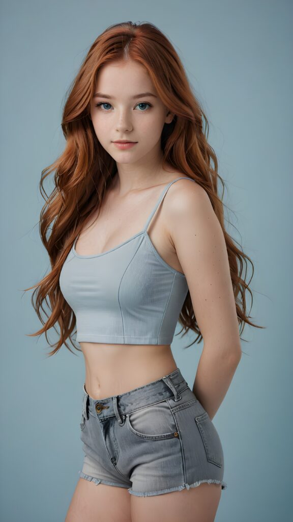 a (((realistic photo))) showcasing a (((beautiful young girl, 15 years old))), with meticulously drawn long, straight auburn red (((soft hair))), and a sleekly perfect curved and detailed figure in a (((short, grey crop top))), paired with a (short pants) ((light blue backdrop)) ((side view))