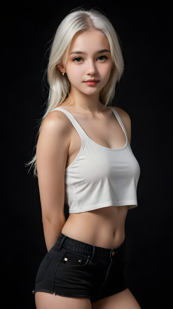 a (((realistic and detailed portrait))) of a stunning teen girl, 15 years old, dressed in a white sleek crop top that showcases her perfectly curved body with grey short pants and long, straight white hair framing an angelically round face, cast against a (((softly shadowed black backdrop))), highlighting every exquisite detail