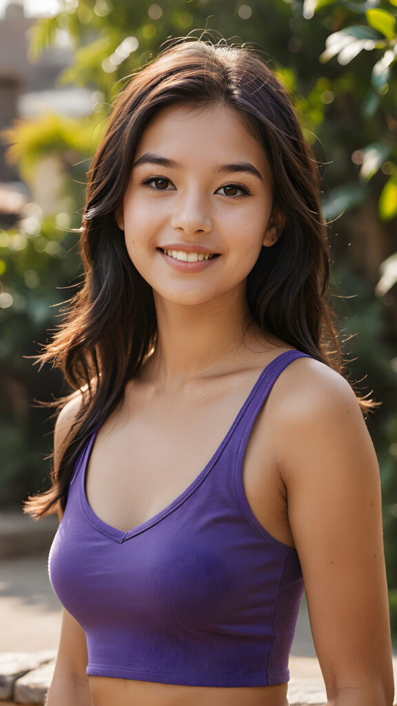 a (((realistic and detailed photo))), capturing a (((cute, attractive, gorgeous, stunning teen girl))) with a super short, tight, deep v-neck, plain violet cropped tank top made of fine detailed cotton, ((curved body)), (very long straight jet soft dark hair), warm smile, sunny backdrop